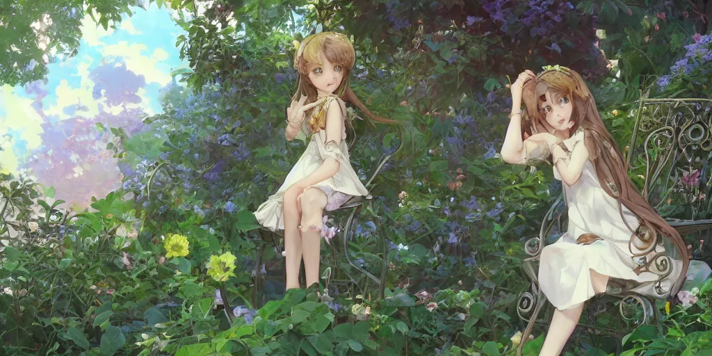 Prompt: a digital art of a loli with long hair in a dress sitting on a metal garden chair in the privet garden at afternoon, green and warm theme, back lighting, by krenz cushart and mucha and akihito yoshida and greg rutkowski and makoto shinkai, extremely long shot, detailed eyes, 4 k resolution, trending on art station