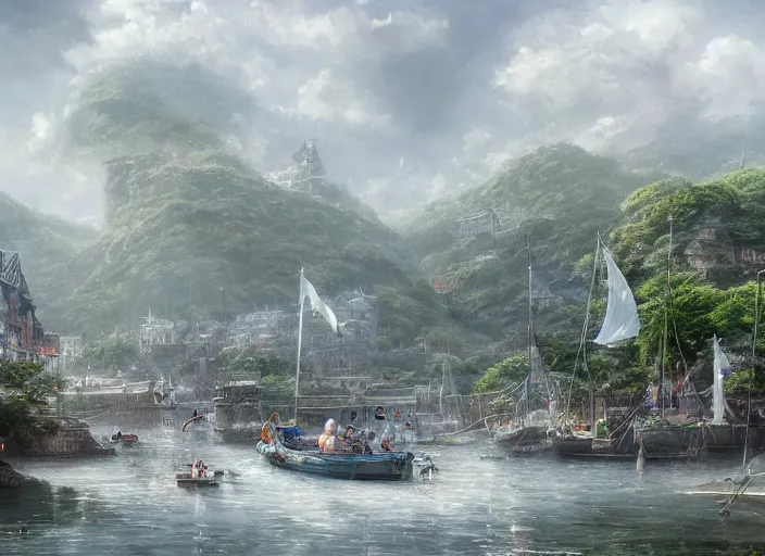 Prompt: A fishing port near the ocean in a beautiful elven city made of white marble, anime, lush trees, fountain, sailboats, fishing boats, warships, a fantasy digital painting by Greg Rutkowski and James Gurney, trending on Artstation, highly detailed