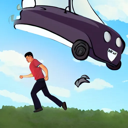 Prompt: man chased by a flying car, digital art