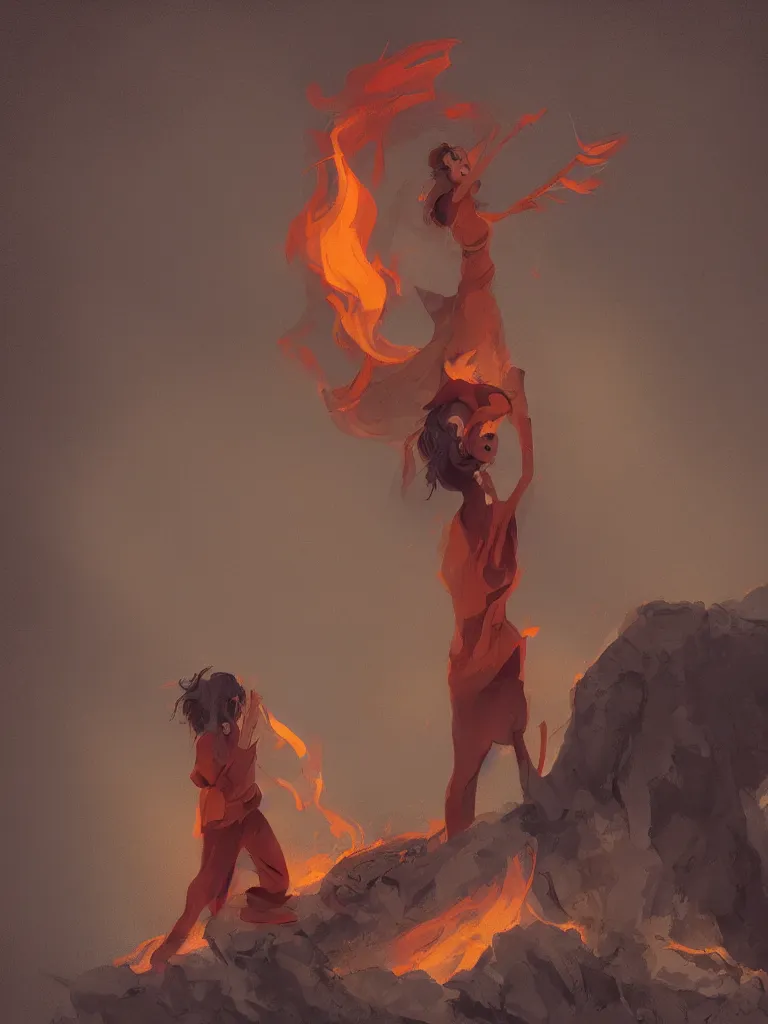 Prompt: woman howling at fire by disney concept artists, blunt borders, rule of thirds