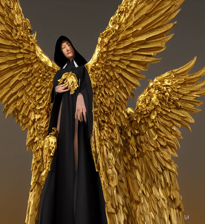 Image similar to full length picture angel wearing black robe with gold wings in an elaborate cathedral, sharp focus, DOF, unreal engine, 8k, ultra detailed, photorealistic + sigma 105mm f2.8 macro