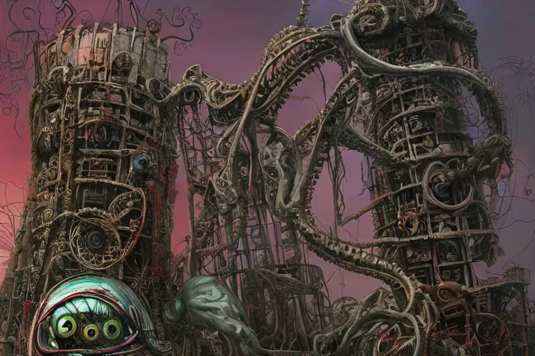 Image similar to lovecraftian biomechanical machine - tower with fleshy tendrils and eyeball at top overlooking dystopian wasteland, highly detailed, colorful with red hues