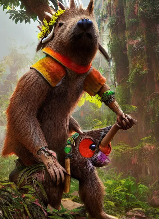 Prompt: detailed full body concept art illustration matte painting of an anthropomorphic capybara forest warrior in full intricate colorful clothing, ultra detailed, digital art, octane render, 8K, dystopian, biomutant, micro details