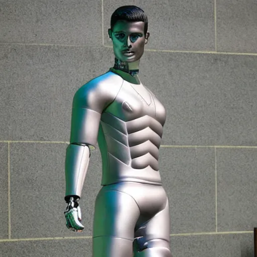 Image similar to a realistic detailed photo of a guy who is an attractive humanoid who is half robot and half humanoid, who is a male android, soccer player cristiano ronaldo, shiny skin, posing like a statue, blank stare, by the pool, on display, showing off his muscles, humanoid robot, frozen ice statue, made of ice