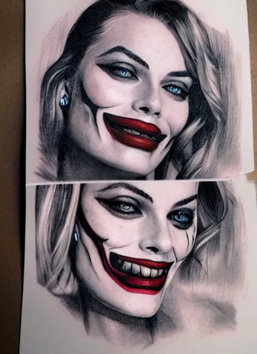 Prompt: tattoo design sketch of beautiful margot robbie portrait with joker makeup, holding an ace card, in the style of den yakovlev, realistic face, black and white, realism tattoo, hyper realistic, highly detailed