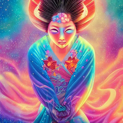 Prompt: A beautiful render of Geisha Woman, floating among stars, pastiche by Dan Mumford and Naoto Hattori and Nick Sullo and Xsullo, mysterious and lucid, glowing Orange color, Blue and topaz colors, Teal and Pink colors in the stars and nebula, vibrant glowing topaz colors neon clouds, insanely detailed and intricate, octane render, volumetric lighting, high contrast, red ultraviolet and neon colors, trending on Artstation, 4K