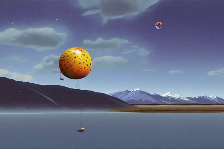 Image similar to a giant ((((metallic)))) floating sphere covered in canadian colorful aboriginal patterns!! hovering above a Yukon lake, (painted by Ralph McQuarrie), matte painting, very detailed, 7000 K, concept art