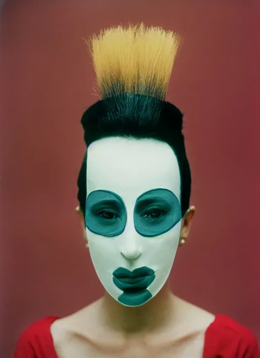 Image similar to a fashion portrait photograph of a woman wearing a plastic mask designed by mark rothko, 3 5 mm, color film camera,