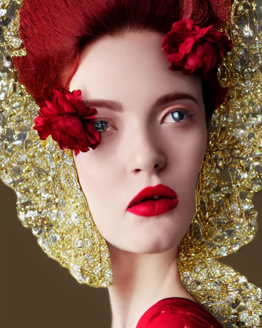 Image similar to Portrait of a European woman, close-up, high sharpness, zeiss lens, fashion photo shoot, peony flowers, red hair, red lipstick, in the background of gold, they have rhinestones on their face, Edward Buba, Annie Leibovitz, David Lazar, Jimmy Nelsson, Eiko Hosoe, artistic, hyper-realistic, beautiful face, octane rendering