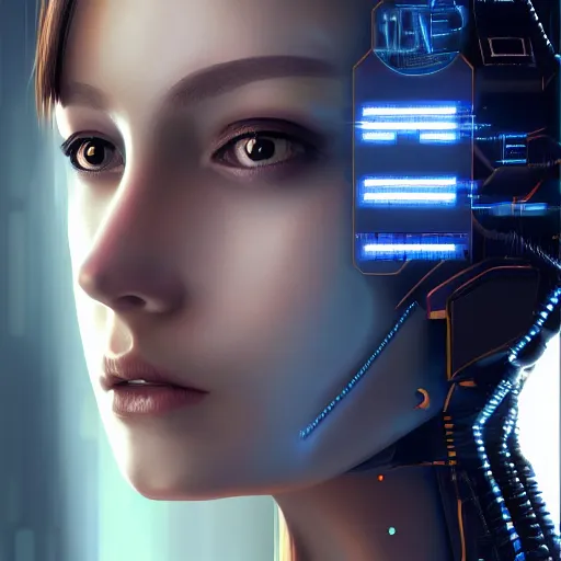 Image similar to Perfectly-Centered Half-body-Portrait of a Mechanical Cyberpunk Female Android, perfectly centered photograph, facing forward, stranding straight, intricate, elegant, super highly detailed, professional digital painting, artstation, concept art, smooth, sharp focus, no blur, no dof, extreme illustration, Unreal Engine 5, Photorealism, HD quality, 8k resolution, cinema 4d, 3D, beautiful, cinematic, art by artgerm and greg rutkowski and alphonse mucha and loish and WLOP