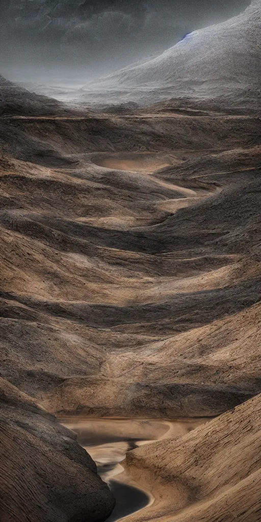 Image similar to dream looking through a hyper realistic photograph of desert canyon, minimal structure, misty, raining, meditative, icelandic valley, river, in the style of reuben wu, roger deakins