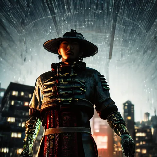Prompt: ultra realistic studio shot of a cyberpunk samurai with straw hat on a dusk city, cinematic, wet reflections, liflike, unreal engine 5, octane, smooth, rtx, ray tracing, hyper detailed, hyper realism, fantasy, trending on artstation, behance, deviantart