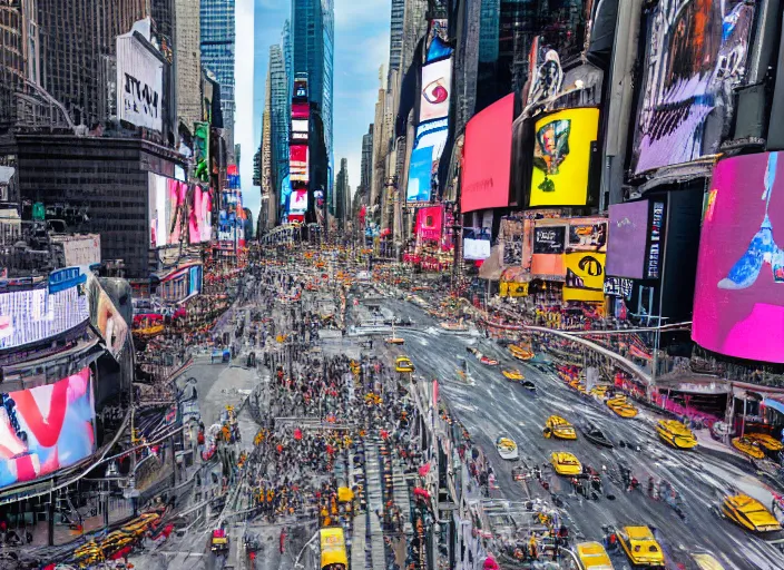 Prompt: a mega - tsunami in times square causing massive destruction, birds eye photograph, 8 k resolution, sharp focus, wide angle, hyper - detailed, 8 5 mm photograph