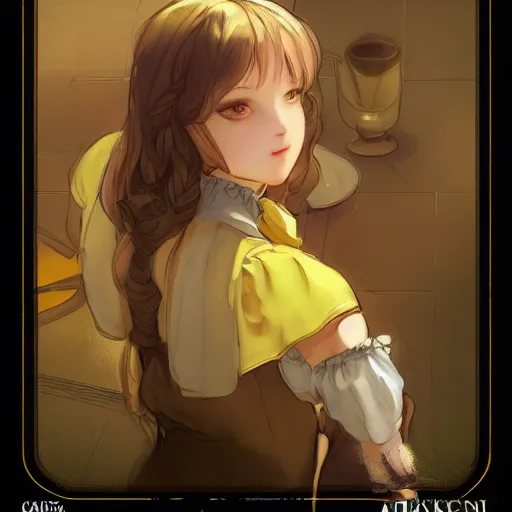 Image similar to A girl in a maid's outfit in a cafe a afternoon, wavy hair yellow theme,S line,45 angel by krenz cushart and mucha and akihito yoshida and greg rutkowski ,nier:automata inspired-H764