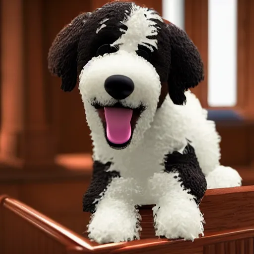 Image similar to a closeup photorealistic photograph of a cute smiling knitted bernedoodle judge dog dressed in a black gown, presiding over the courthouse. indoors, professional capture, well lit shot. this 4 k hd image is trending on artstation, featured on behance, well - rendered, extra crisp, features intricate detail, epic composition and the style of unreal engine.