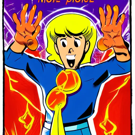 Image similar to a powerful psychic guy emitting psychic powers, in the style of archie comics (1963), artstation, HQ scan, ufotable studio art style