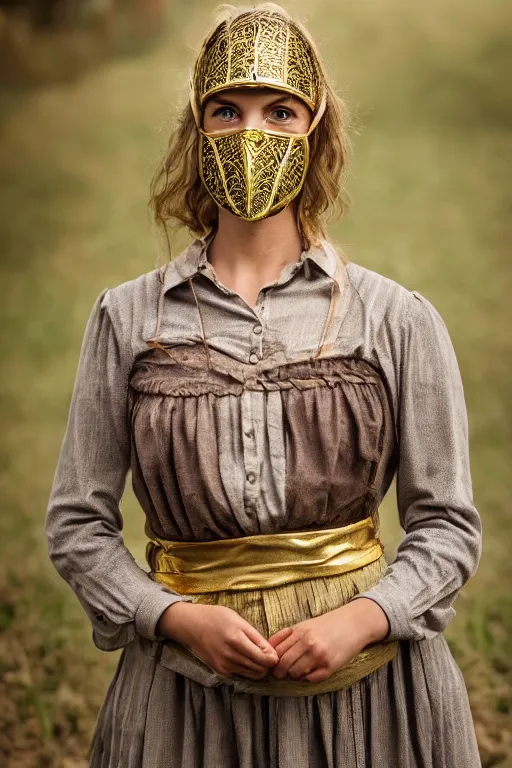 Image similar to a young woman dressed as a farmer from the middle ages, wearing an intricate gold mask. photoreal, metal filigree, realitic portrait.