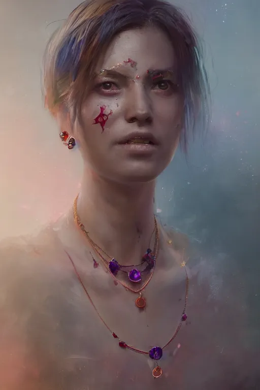 Prompt: A portrait of a women wearing colourful jewelry by Greg Rutkowski, Sung Choi, Mitchell Mohrhauser, Maciej Kuciara, Johnson Ting, Maxim Verehin, Peter Konig, Resident evil , 8k photorealistic, cinematic lighting, HD, high details, dramatic, atmospheric , trending on artstation