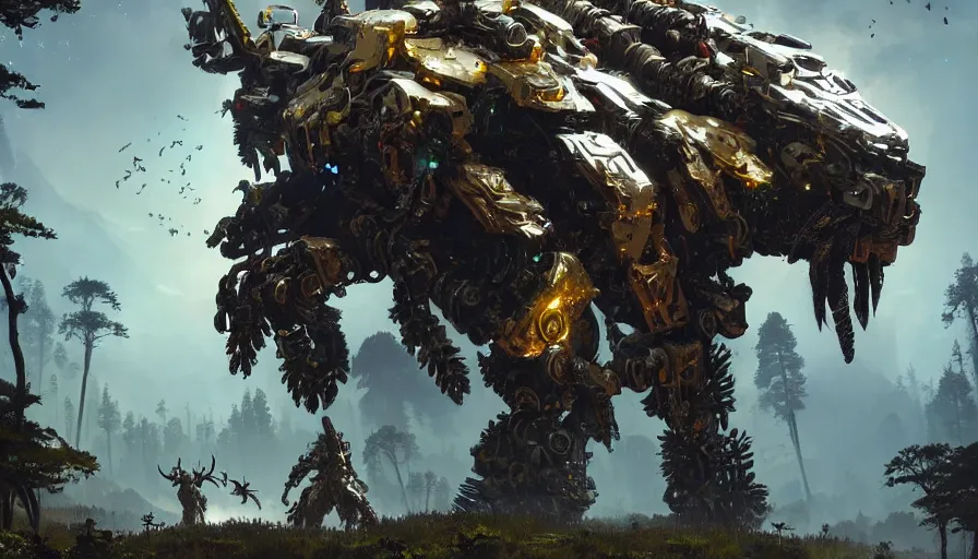 Prompt: large walking mech covered in gold and silver armor, horizon zero dawn aesthetic, covered in moss and birds, glowing lights, beautiful forests and trees, intricate detail, epic wallpaper, art by darek zabrocki and John Park and Feng Zhu and Jason Chan, trending on artstation, masterpiece.