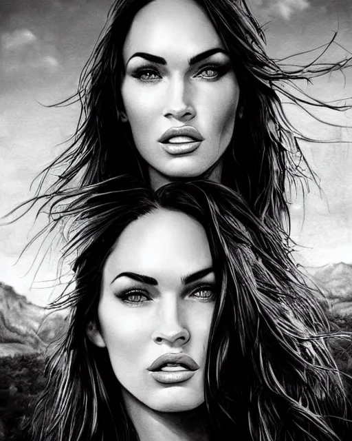Image similar to realism sketch of megan fox face blended with beautiful mountain scenery in the style of dan mountford, double exposure, hyper realistic, amazing detail, black and white