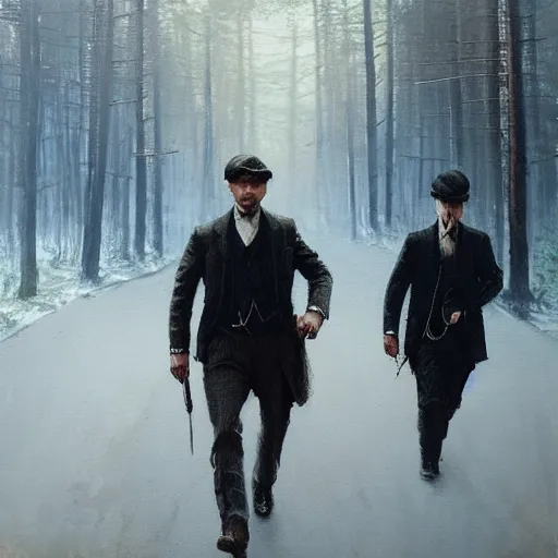 Prompt: Peaky Blinders gang, criminals, running from the police in the woods, oil painting by Greg Rutkowski