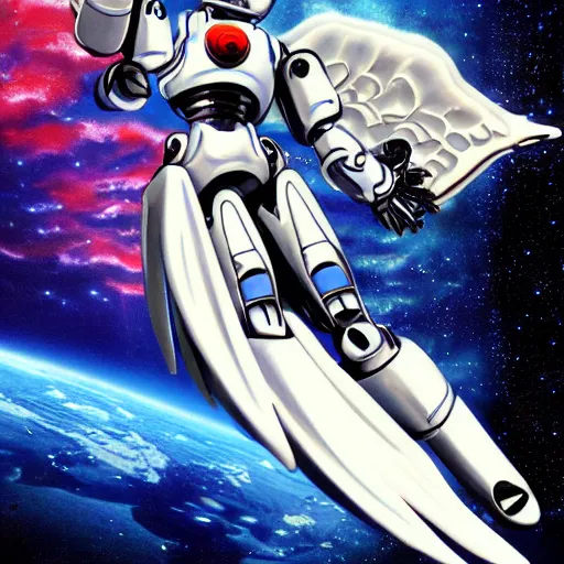 Image similar to robot mecha angel flying in space, realistic, detailed, light,