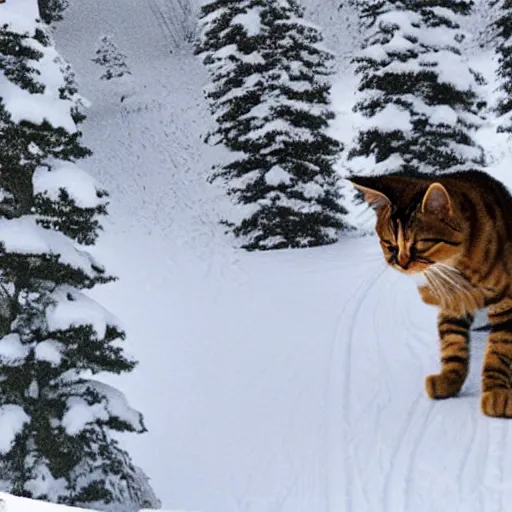 Image similar to a cat skiing down a mountain