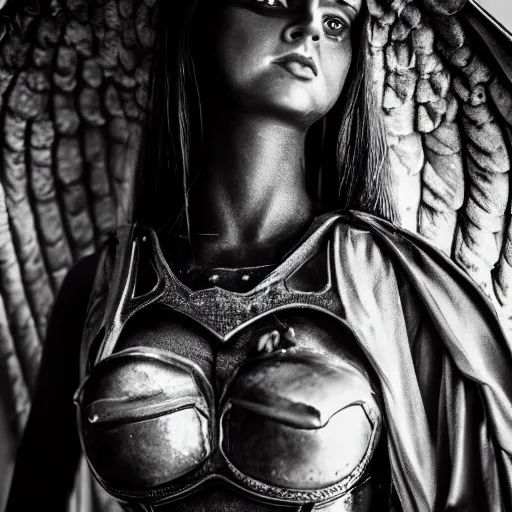 Prompt: an analogue photo masterpiece closeup portrait of a female angel with a dark armour , cinematic lighting, Jayison Devadas style, 8k, black & white, 35mm, f/1.4