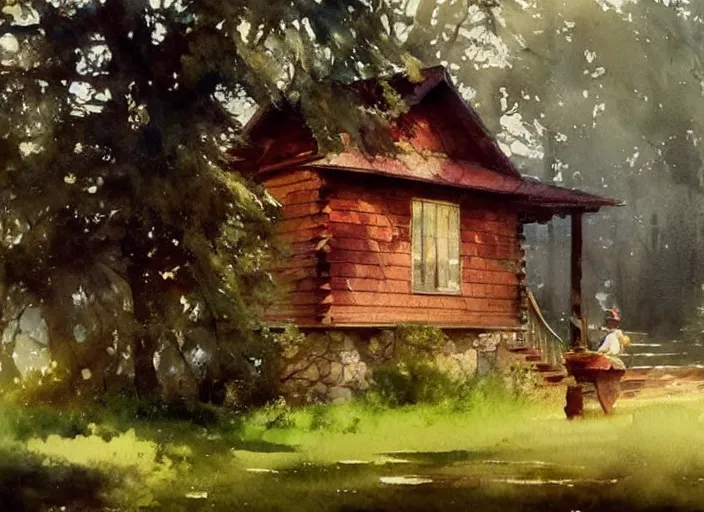 Prompt: watercolor splash, paint drops, drips, aquarelle painting of oak tree and red wooden cabin, very very very beautiful, art by anders zorn, wonderful masterpiece by greg rutkowski, cinematic light, american romanticism by greg manchess, creation by tyler edlin