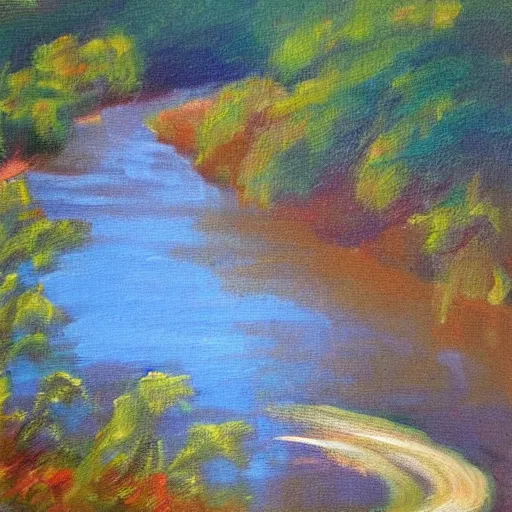 Image similar to a beautiful impressionist painting of a winding river, oils on canvas