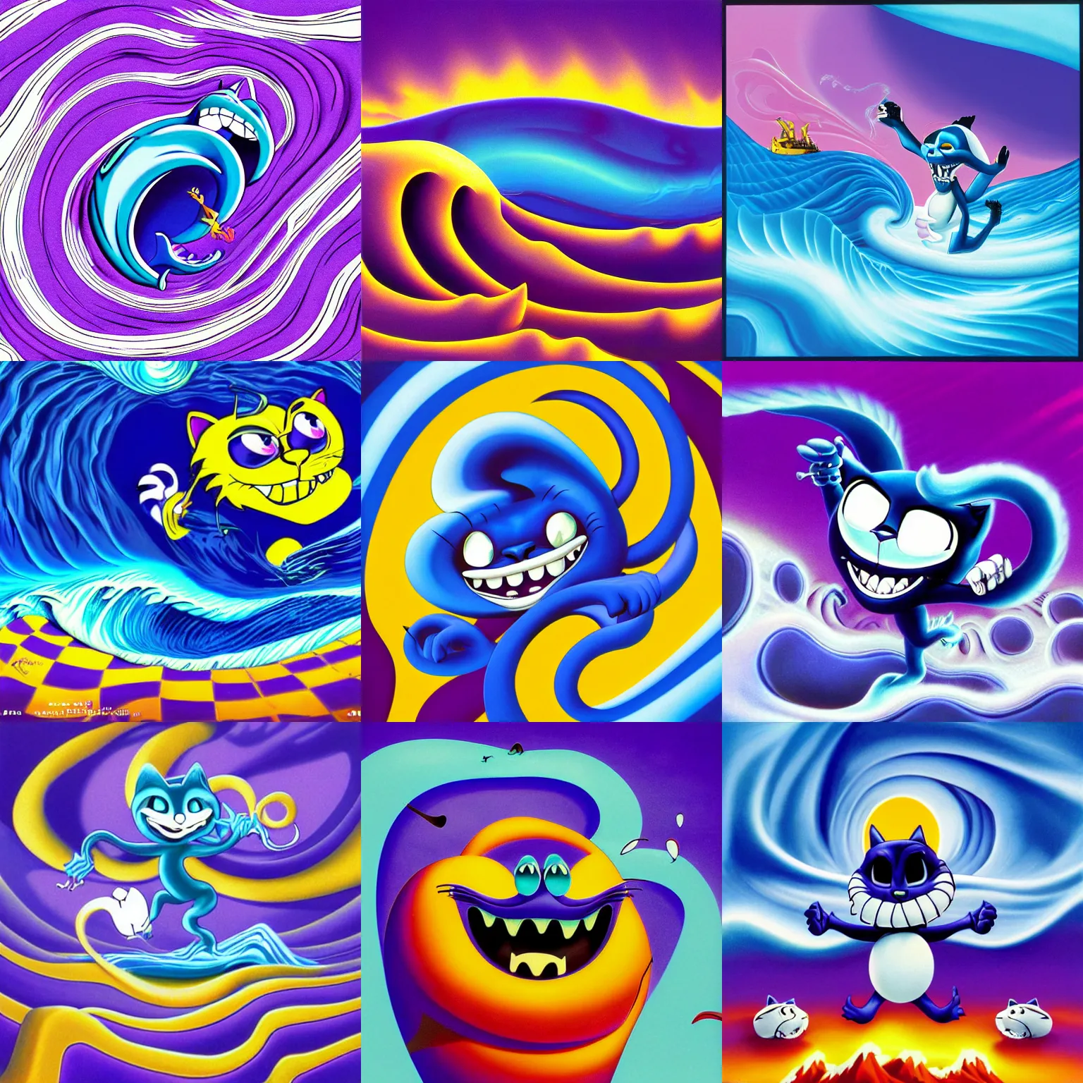 Prompt: surreal, sharp, detailed professional, high quality airbrush art album cover of a blue cresting ocean wave in the shape of felix the cat, purple checkerboard background, 1990s 1992 style of John Kricfalusi