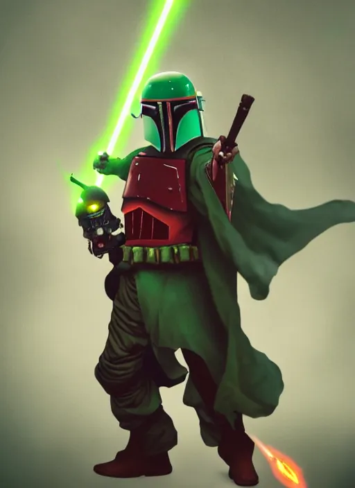 Image similar to arcane wizard x boba fett, fantasy inspired boba fett as a wizard in a scenic environment, 3 d digital art, character mashup, epic volumetric lighting, combination art, photorealistic, sharp focus, aesthetic, inspired by studio ghibli