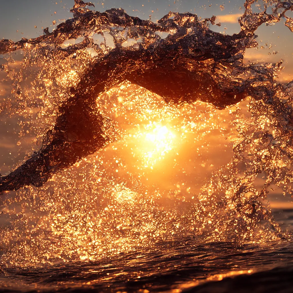 Image similar to a closeup photorealistic photograph of glistering sweaty skin face in the surf during sunset. professional capture, well lit shot. this 4 k hd image is trending on artstation, featured on behance, well - rendered, extra crisp, features intricate detail, epic composition and the style of unreal engine.