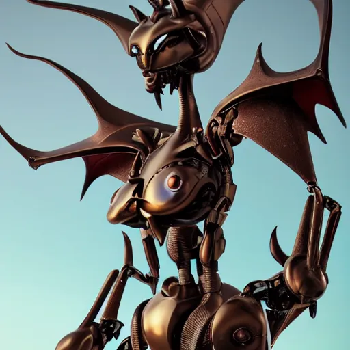 Image similar to close-up shot of a cute and beautiful well-proportioned anthropomorphic robot female dragon doing an elegant pose, the head has two eyes and two horns, a sleek yet elegant design of metal plating, with two big epic wings behind her attached to her back, two arms with one hand on her hip, the background is of the beach at night; HD digital art, artstation, deviantart, furaffinity, high quality detail
