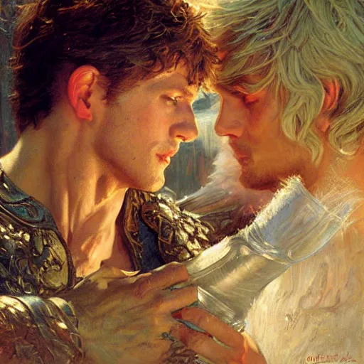 Image similar to attractive male arthur pendragon confesses his love to attractive male merlin. highly detailed painting by gaston bussiere, craig mullins, j. c. leyendecker 8 k