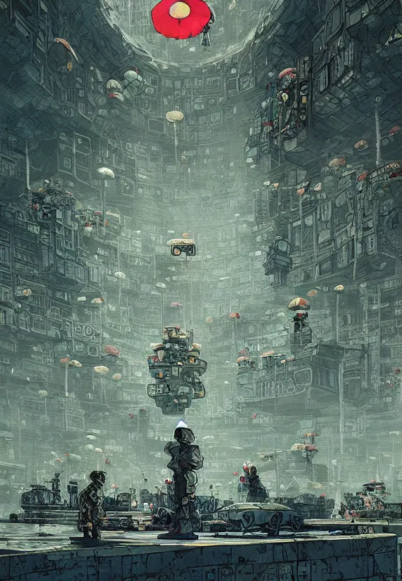 Image similar to [Underground colony with checkered! flags, brutalism and little mushrooms. Propaganda! poster!, intricate, elegant, highly detailed, digital painting, artstation, concept art, matte, sharp focus, illustration, art by Enki Bilal and Moebius]