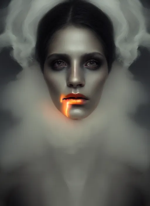 Prompt: an ethereal, smoky portrait of a woman whose face is covered with glowing makeup. the makeup floats off her face and joins swirling clouds of smoke and fog. surreal portrait, concept art, cinematic lighting, 8 k, sharp focus, digital painting, rendered in octane, painted by tom bagshaw, artgerm