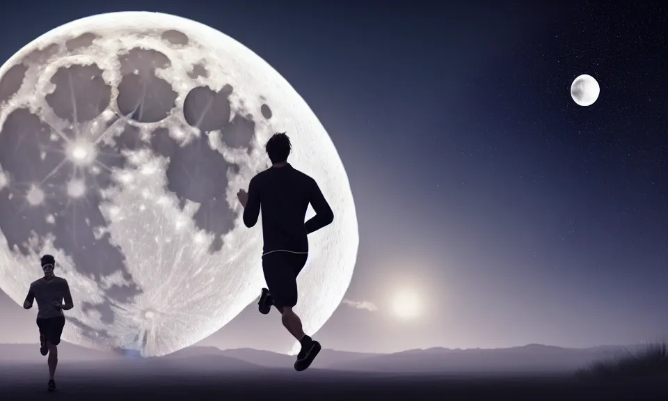 Image similar to A man was running alone under the huge moon toward the distant door,featured in artstation, cinematic, elegant, , 8k