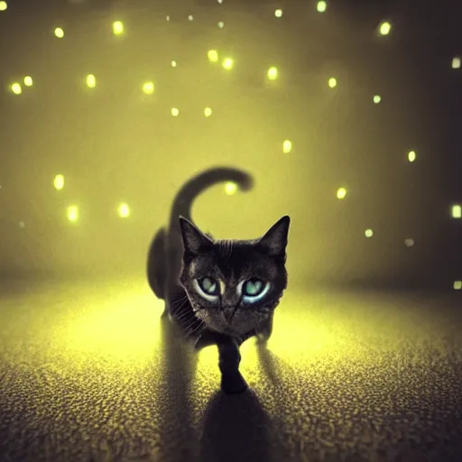 Prompt: alien cat, slowly dissolving into dust, dramatic blurred background with lights, realistic,