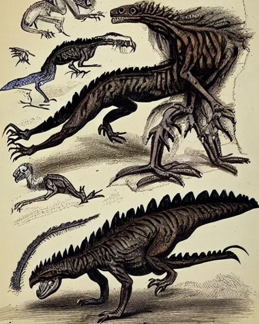 Prompt: A victorian naturalist\'s illustration of a velociraptor, anatomical notes with labels, pen and ink