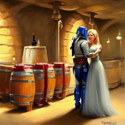 Image similar to blonde woman and Boba Fett drinking beer in a wine cellar, atmospheric, aphrodisiac, romantic, cozy, inviting, love, painting by Vladimir Volegov