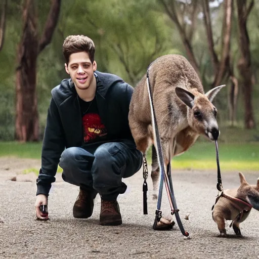 Prompt: Pete Davidson!!! walking a kangaroo, still from a 4k movie,