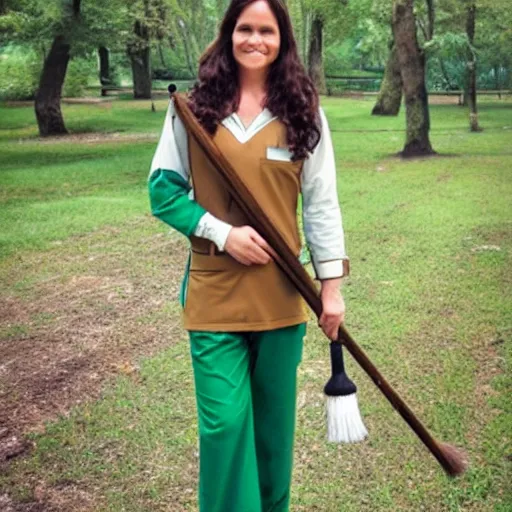 Prompt: a nurse with long brown hair and wearing green scrub pants riding a broomstick like a witch