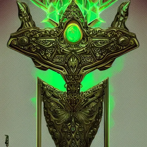 Image similar to symmetric, green fantasy sword, intricate, elegant, highly detailed, digital painting, 4k, HDR, concept art, detailed jewelry, smooth, sharp focus, illustration, matte finish, high contrast, 3d depth, masterpiece, vivid colors, artstationhd