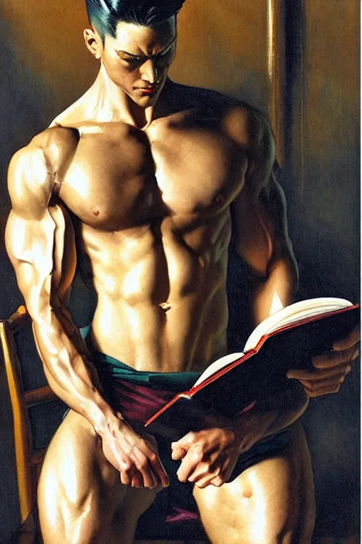 Prompt: attractive man reading book, muscular, painting by j. c. leyendecker, yoji shinkawa, katayama bokuyo