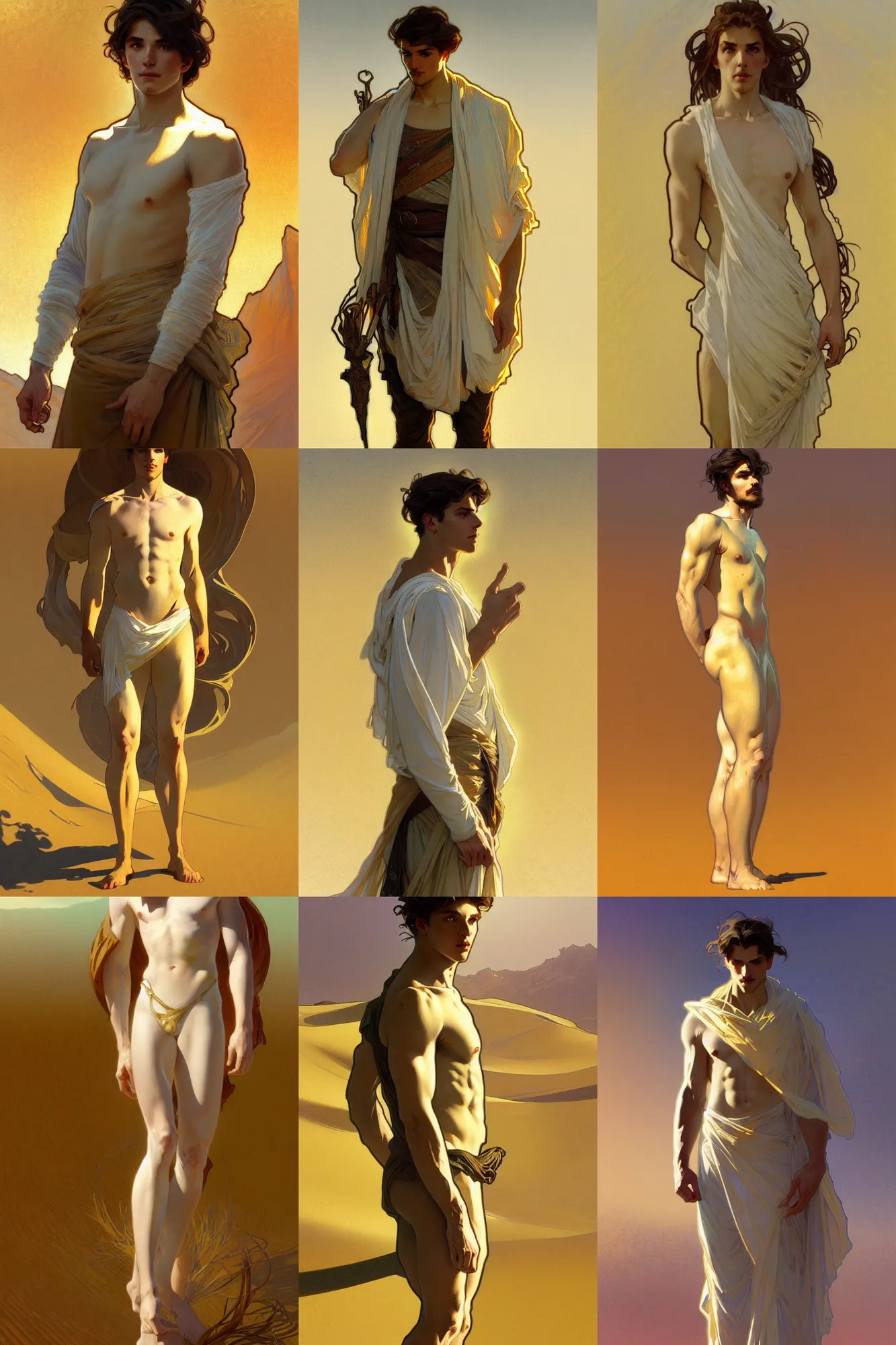 Prompt: full figure beautiful young man, luminous scene, by greg rutkowski and alphonse mucha, d & d character, gradient white to gold, in front of a dune desert background, highly detailed portrait, digital painting, artstation, concept art, smooth, sharp focus illustration, artstation hq