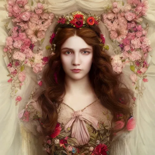 Image similar to princess portrait, adorned with flowers, dewy eyed, glossy features, symmeyric features, red wavy hair, fine art painting, renaissance style, fabric inspired details, hd, 3 d, octane render, 8 k