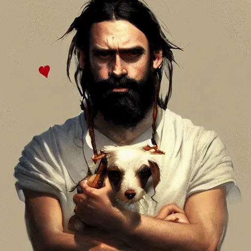 Image similar to a beautiful painting dramatic portrait of a young man with long hair tied in a bun and black beard holding a jack russell by greg rutkowski, featured on artstation