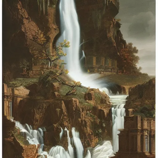 Image similar to A beautiful collage of a waterfalls going into a city. lithograph by Roberto Ferri, by Chip Zdarsky decorative