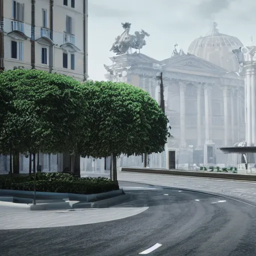 Image similar to futuristic city of Rome (as designed by Apple), Grey and White roads with green trees, octane render, 4K